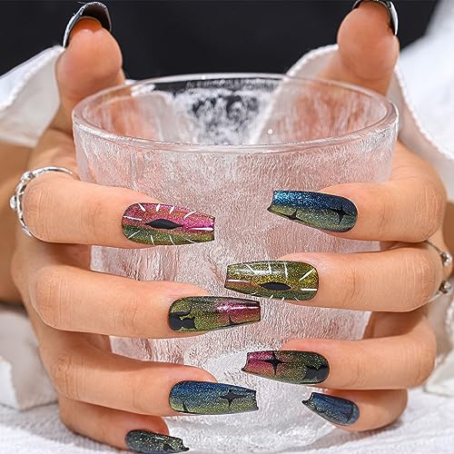 Sethexy Halloween Long Coffin False Nails Handmade Cat Eye Glossy Press On Nails Devil Eye Moon Acrylic Fake Nails Salon Quality Nail Removable for Women and Girls(Y) - Image 2