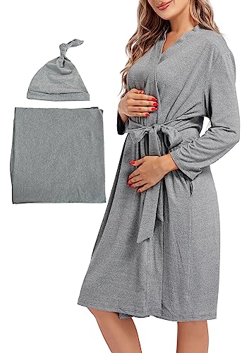 Image of SUFEINI Maternity Mommy Robes with Matching Swaddle Blanket Set, Maternity Mommy Postpartum Bathrobe Sleepwear