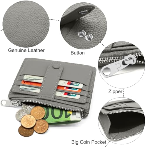 Genuine Leather Small Wallet for Women RFID Blocking Credit Card Holder Slim Minimalist Front Pocket Wallet Multi Card Case with ID Window Zipper Coin Pocket Purse(Black) (Gray)3