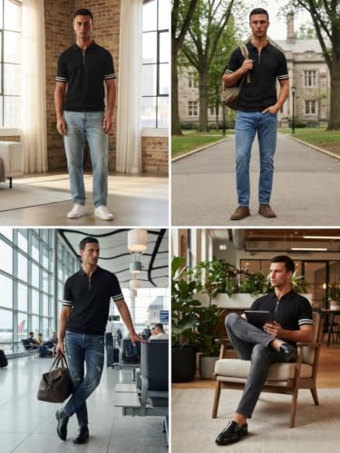 Image of Leriya Fashion T Shirt for Men | Polo T-Shirt for Man | Men's Half Zip Polo | Lightweight Breathable Summer Wear | Textured Knit Casual Stylish Tee | Short Sleeve Smart Casual Top for Man