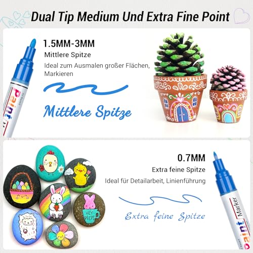 Permanent Marker Wasserfeste Stifte set:8 Dual Tip Steine Bemalen Glasmalstifte Permanent Marker Fein Lackstift Glasstift für Basteln,Karton, Kunststoff, Holz, Metall,Keramik,Tasse,Reifen,Glas,Plastik
