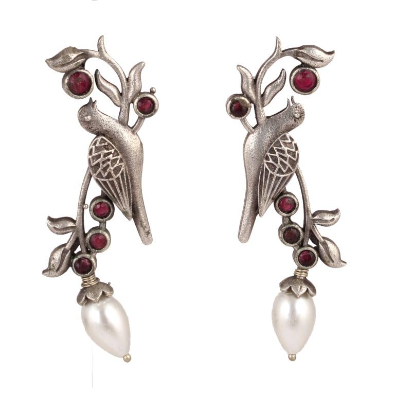 Oxidized Bird Earrings with Pearl- Handmade Silver Replica Brass Earrings in Antique Silver Finish for Girls & Women-image-32