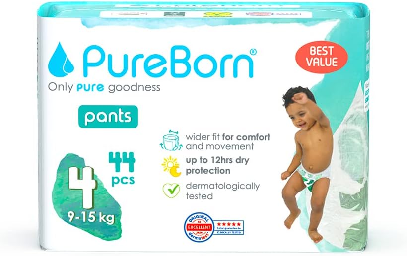 PureBorn Baby Premium Pull Up Diapers, Training Nappy Pants, Size 4 (9-15 kg), 44 Pieces, Superior Day & Night Protection, Dermatologically Tested, Super Soft, Skin Friendly