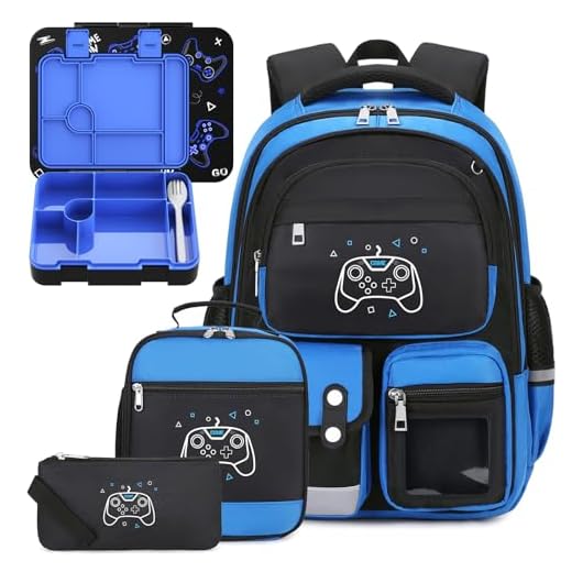 DIGOBAY 5pcs Boys Backpack Bento Lunch Box Set, Kids Backpacks for School with Lunch Bag Pencil Case, Game Backpack Set for Boys, Bookbag for Elementary Middle High School