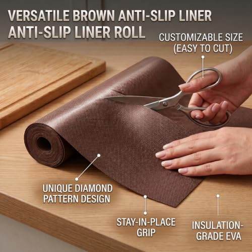 Image of EASYHOME Multipurpose EVA Anti-Slip Mat (45cm x 3 Meter, Brown) - Waterproof, Washable Shelf Liner Roll Sheet for Kitchen, Bathroom, Drawers, Cabinets, Fridge & Table Mat