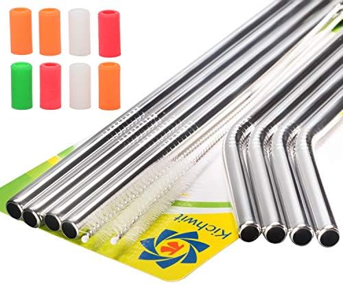 Kichwit Extra Long Stainless Steel Straws Set of 8, Reusable Wide Straws for Smoothies, 10.5 Inches Long, 5/16" Wide, Metal Drinking Straws, 2 Cleaning Brushes Included