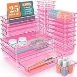WOWBOX 25 PCS Plastic Drawer Organizer Set, 4 Sizes Desk Drawer Divider Organizers and Storage Bins for Makeup, Jewelry, Gadgets for Kitchen, Bedroom, Bathroom, Office, Clear Pink