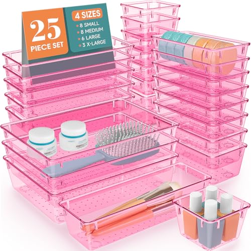 WOWBOX 25 PCS Plastic Drawer Organizer Set, 4 Sizes Desk Drawer Divider Organizers and Storage Bins for Makeup, Jewelry, Gadgets for Kitchen, Bedroom, Bathroom, Office, Clear Pink