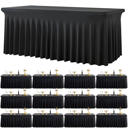 12 Pack Black Spandex Tablecloth for 6 Foot Rectangle Tables, Wrinkle Free Fitted Table Cloth Cover 6ft Black Stretchy Tablecloths with Skirt for Parties Weddings Birthday Banquet Baby Shower