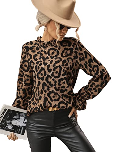 Floerns Women's Leopard Print Elegant Long Sleeve Frill Trim Mock Neck Blouse Tops4
