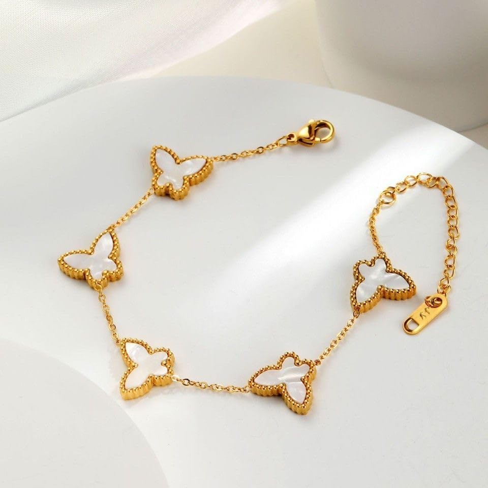 Lucky Butterfly Bracelet Designer Dupes, 18k Gold Plated Minimalism Double-Sided Mother Of Pearl Shell Dainty Adjustable Chain Bracelet For Women Fashion Jewelry Gift2