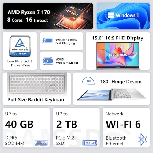 Image of ASUS Vivobook 15 Laptop Next-Gen AI, AMD Ryzen 7 170 (>Ryzen 7 7730U), 15.6 inch FHD, 32GB RAM, 1TB SSD, Windows11 Pro, Backlit & Numeric Keyboard, Physical Webcam Shield, Silver, Bundle with PCO Cooler