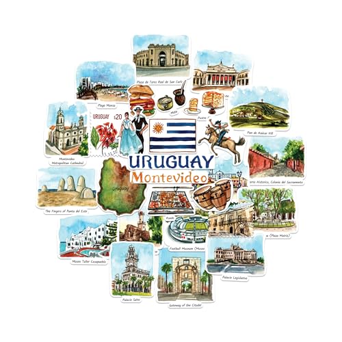 Navy Peony stickers de voyage Uruguay — Illustrés à la main, aquarelle, finition mate, découpés à la forme — Pour scrapbooking, carnet (28 pièces)