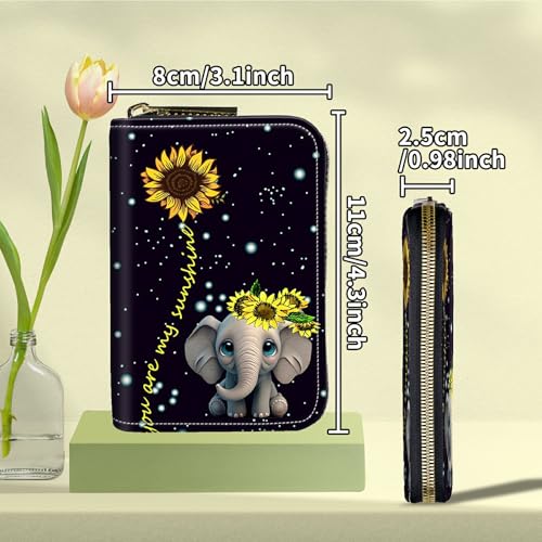 Elephant Sunflower Credit Card Holder for Women with Zipper Small Credit Card Wallet PU Leather RFID Blocking Wallet Card Organizer Wallets Accordion Wallets Gift for Women or Men2