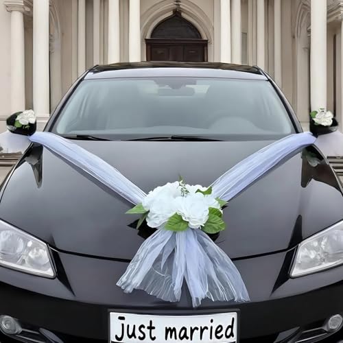 Wedding Car Decorations Kit with White Artificial Flowers, Satin Ribbon