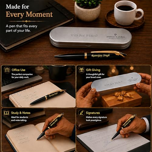 Image of SAVRI Personalized PC Black Slim Ball Point Pen - Name & Message Engraved on Case - Ball Pen with Twist Mechanism | Ideal for Festive & Corporate Gifting, Christmas, New Year | Customized Gifts