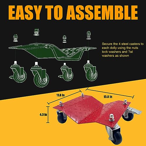 Image of Set of 4 Car Tire Wheel Dolly Furniture Lifters - Heavy Duty Under Vehicle Tire Skates Motorcycle Jack and Moving Dollies with Wheels 6000lbs Capacity Black (Red, 4 Dollies)