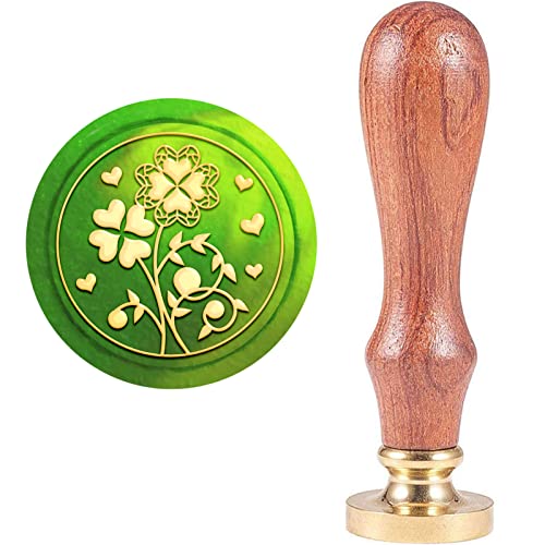 CRASPIRE Wax Seal Four Leaf Clover Sealing Wax Stamp 25mm Brass Seal Head with Wooden Handle Retro Brass Head Sealing Stamp Removable for Envelopes Wedding Invitations St. Patrick's Day Party