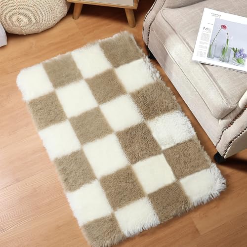 Image of KICMOR Small Beige and Cream White Area Rugs for Bedroom, 2x3 Fluffy Fuzzy Plush Shaggy Checkered Rug, Soft Furry Bedside Rug Small Throw Carpet for Living Room Kids Girls Boys Nursery Home Decor