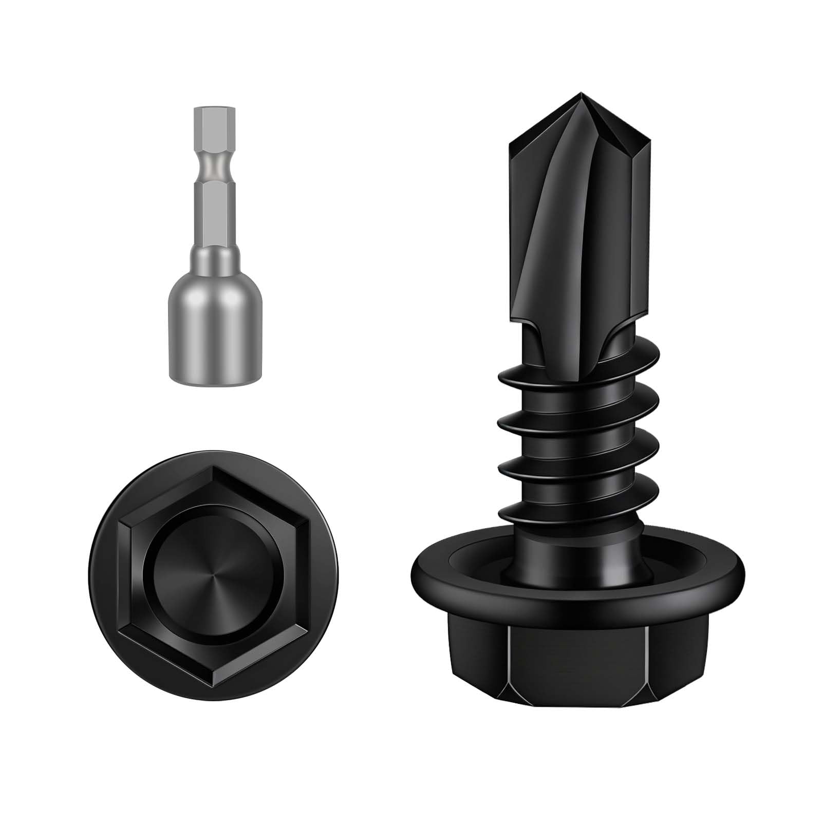 MewuDecor #8 x 1/2" Hex Washer Head Self Tapping Sheet Metal Screws with Drill Point, Stainless Steel 410, Self Drilling, Black Oxide, 100 PCS