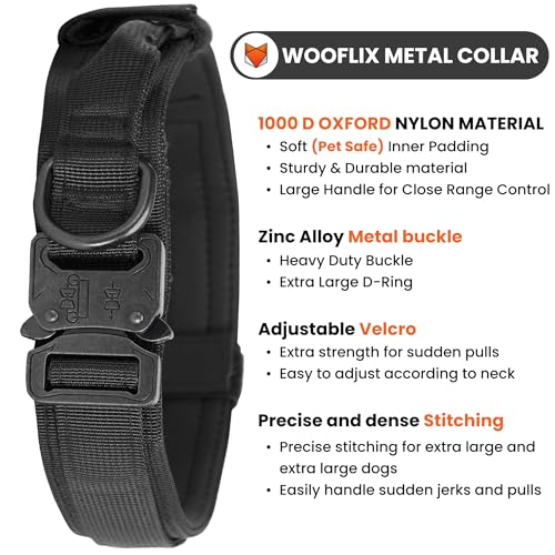 Image of Wooflix Metal Dog Collar for Training and Walks | Nylon Collar with Tactical Metal Buckle and D-Ring for Medium and Large Dogs | Dog Collar for Heavy Breed Dogs (Black, Medium)