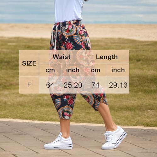 Women's Baggy Linen Capri Wide Leg Pants Summer Boho Floral Printed Vintage Casual Elastic Waist Harem Pants3