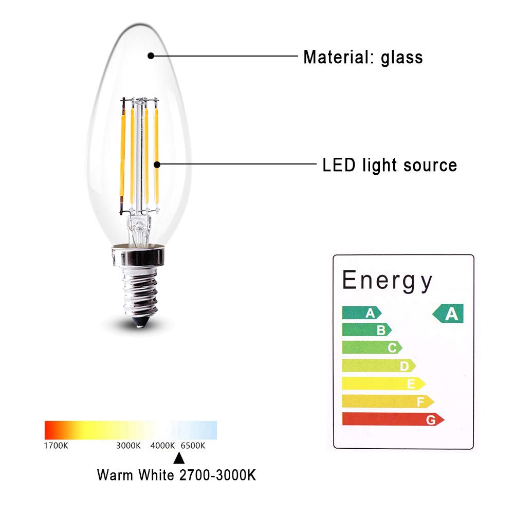 Bombilla LED de filamento E14 de 4 W (equivalente a una incandescente de 40 W), luz blanca cálida (2700-3000 K), bombilla vintage de rosca Edison pequeña C35, no regulable, paquete de 20 bombillas.