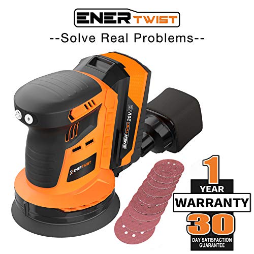 Enertwist Cordless Orbital Sander, 20V Max 5-Inch Brushless Random Orbit Sander with 4.0Ah Lithium-ion Battery and Charger, Including Dust Bag and 9-Pieces Hook-and-Loop Sanding Pads, ET-OS-20BL