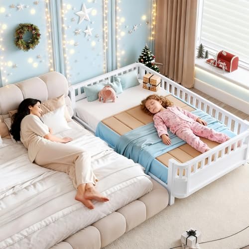Queen Size Montessori Floor Bed with Safety Guardrails and Detachable Fence, Kids Daybed Frame for Boys’ and Girls’ Room, Wooden Floor Bed for Home Bedroom, No Box Spring Needed (White,Queen)