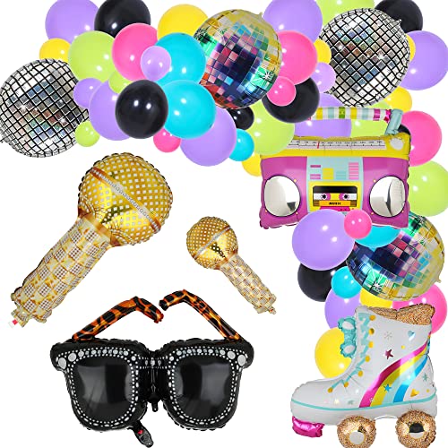 Rainbow Roller Skate Balloons Boom Box Balloon 4D Round Shaped Foil Balloons 80s 90s Retro Theme Hip Hop Disco Fever Birthday Party Garland Arch Balloon 129 Pcs Kit Decor Supplies