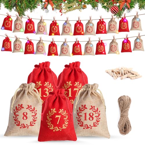 Adventskalender zum Befüllen Tüten Weihnachtskalender Set mit 24 Stück Weihnachtskalender 10×14cm Säckchen zum DIY Weihnachtsdeko Befüllen Stoffsäckchen 24 Holzklammern 1 Kordel Weihnachts Design