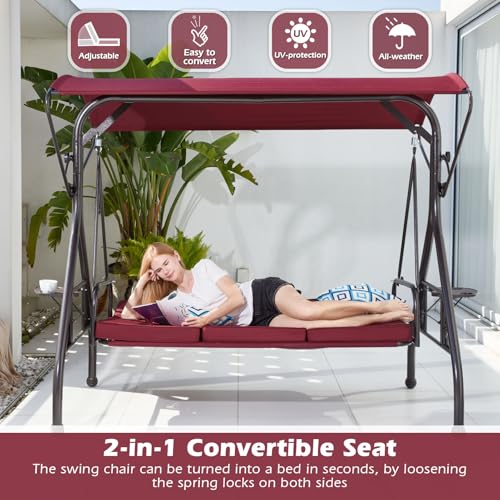 Image of ZZW 800LBS Patio Swing with Canopy 3 Seat Outdoor Porch Swing with Stand w /Cup Holder & Pillow Glider Chair Swing Bed for Patio Backyard Poolside (Red)