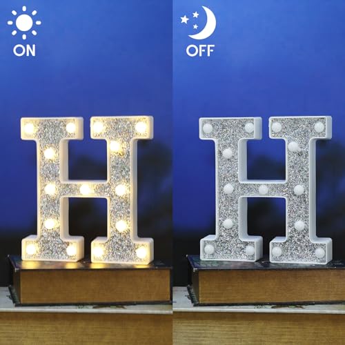 Image of LED Marquee Light Up Letters, 26 Alphabet Lighted Letter and 10 Number, Battery Powered Night Light for Room Decor, Home Birthday Wedding Bar Party Decoration, Shiny Silver Diamond (Letter H)