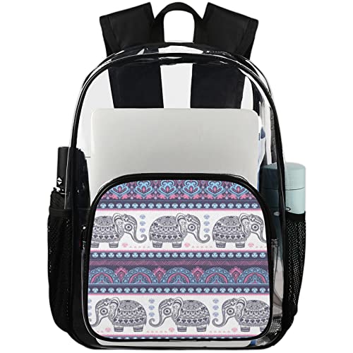 Sac à dos vintage indien lotus ethnique éléphant transparent 29 x 16 x 45 cm en PVC robuste pour le travail en extérieur