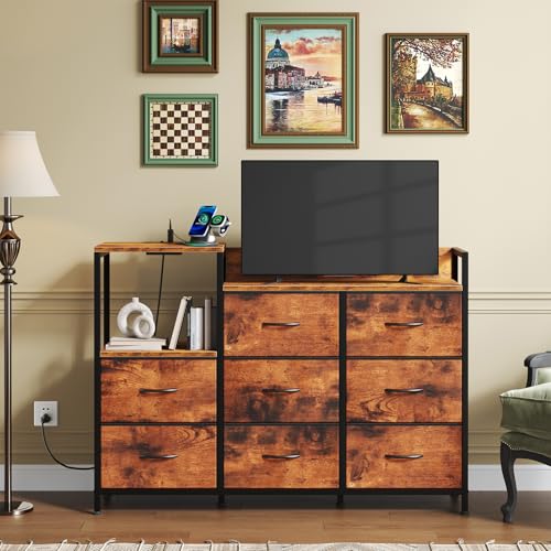 Image of NEWBULIG Media Console Dresser TV Stand for 45 inch with 8 Fabric Drawers & Open Shelves, Wooden Top Entertainment Center with LED Lights & Charging Station for Bedroom, Rustic Brown
