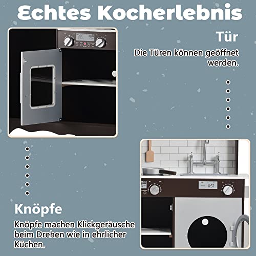 Kinderküche, Spielküche aus Holz, Küchen-Spielzeugset mit vielen Funktionen und Zubehör, Töpfen, Pfannen, Küchenbesteck… – Bild 5