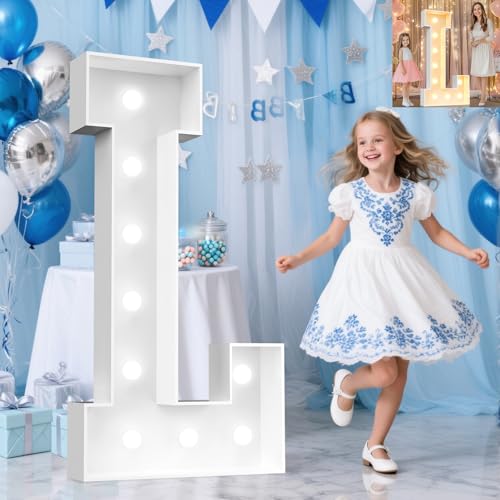 Image of Pooqla 4 FT Marquee Light Up Letters, Cool White and Warm White Marquee Letter 4 Feet Tall, Giant LED Sign Big Mosaic Letter L for Balloons Birthday Party Anniversary Wedding Decorations
