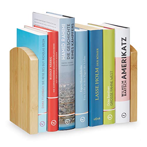Relaxdays Sujeta Libros 2 Unidades, Bambú-Acero Inoxidable, Marrón Natural,...