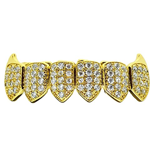 18K Gold Plated Fangs CZ Bottom Grillz Lower Row Cubic Zirconia Micro Pave Teeth Iced Vampire Grills