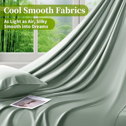 Shilucheng 100% Viscose Derived from Bamboo_ Sheets King Size 4pcs - Ultra Cooling & Silky Soft Bed Sheets, 16" Deep Pocket, Perfect for Hot Sleepers, Hotel Bedding Sheets (Sea Glass)