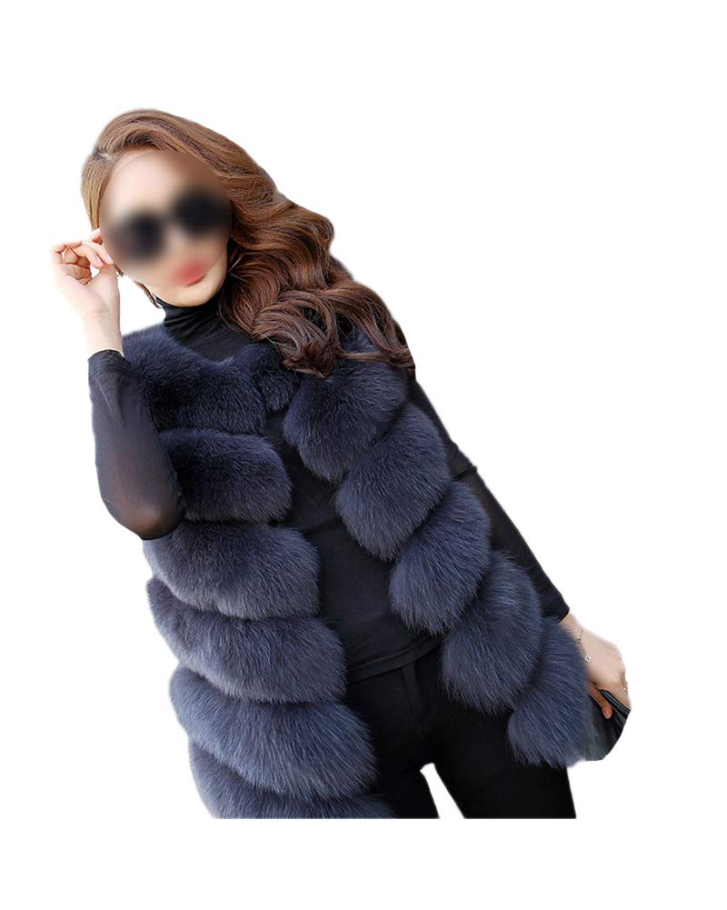 GUOCU Women's Faux Fur Gilet Jacket Sleeveless Vest Coat Winter Bodywarmer Soft Fluffy Waistcoat Winter Warm Long Cardigan Outwear Parka with Fur Navy Blue-2 S