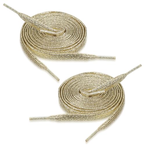 Tyqour 2 pares de cordones dorados con purpurina dorada, 9 mm de ancho, 110 cm de largo, planos, metálicos, brillantes, planos, dorados para zapatillas de deporte, zapatillas de correr