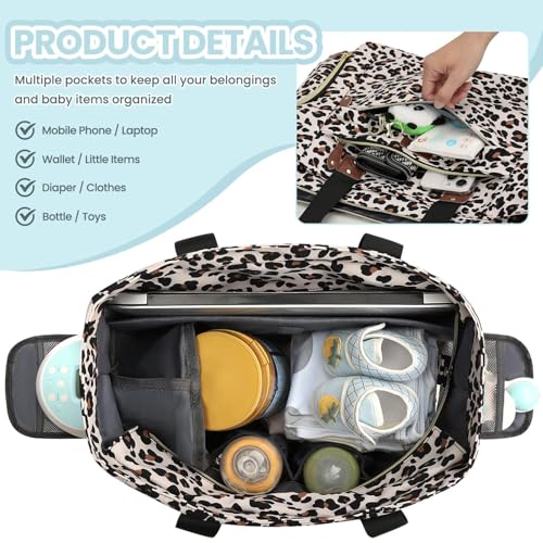 Image of Pritent Diaper Bag Tote for Working Mom, Large Travel Diaper Tote for Mom and Dad with 14 Inch Laptop Sleeve, Mommy Maternity Travel Baby Bag for Boys and Girls, Leopard