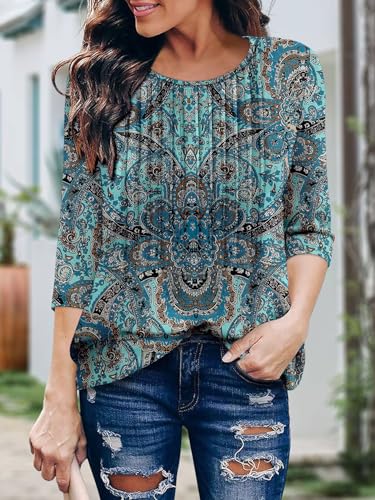 KISSMODA Tunic Tops for Women Loose Fit Dressy Round Neck Pleated 3/4 Length Sleeve Spring Tops