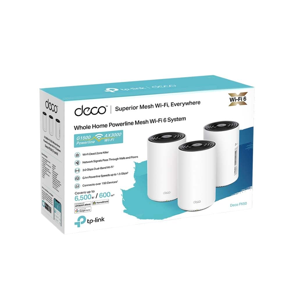 TP-Link Deco PX50 (3-Pack) - Sistema WiFi 6 AI Mesh+PLC, AX3000+G1500 Doble Banda 2.4 GHz/5 GHz, Cobertura hasta 400 m2,Conecta hasta 150 Dispositivos, 3X Puertos GigabIt por Unidad,MU-MIMO