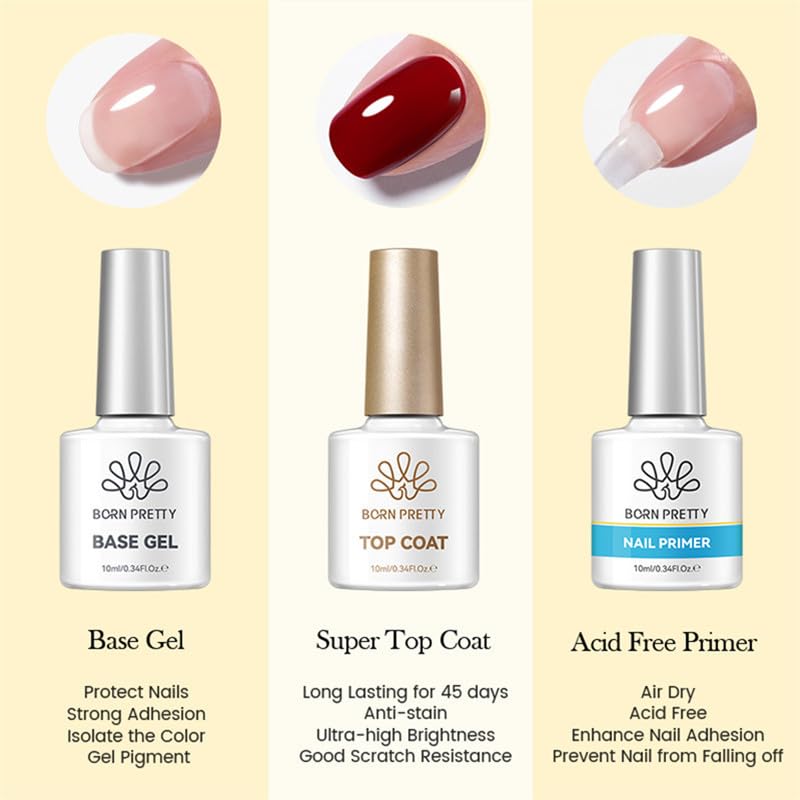 Born Pretty Base e top coat semipermanente e primer per unghie | Set di top coat semipermanente per unghie lucido senza necessità di pulizia, base gel e primer per unghie