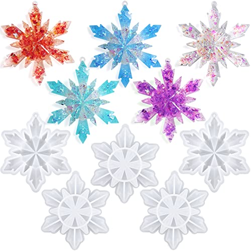 Sakolla 5 Pieces Christmas Silicone Resin Molds 3D Snowflake Molds Silicone Epoxy Casting Resin Mould for DIY Christmas Ornament Jewelry Pendant Decoration Keychain