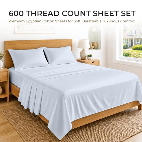 Image of SGI bedding 100% Egyptian Cotton Sheets Twin Size - 600 Thread Count Sheets Set, Soft, Cooling, 15 inch Deep Pocket, Luxury Hotel Bedding, Breathable, Durable - Light Blue