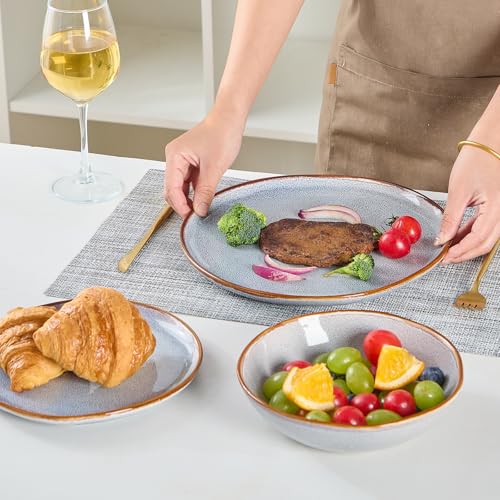 Image of Bestone 12 Pieces Round Kitchen Dinnerware Sets,Plates and Bowls Sets,Dishes, Plates, Bowls, Dish Set, Chip Resistant Ceramic Dinnerware Set, Dishwasher /Microwave Safe,Service for 4,Reactive Blue