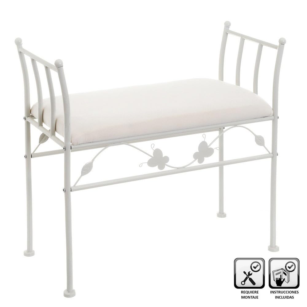 LOLAhome - Banqueta para pie de Cama de Metal Blanco y Asiento de Lino Beige. Taburete para Dormitorio o vestidor de 68 cm de Largo y 30 cm de Ancho. Altura Asiento 46 cm. Altura Total 64 cm